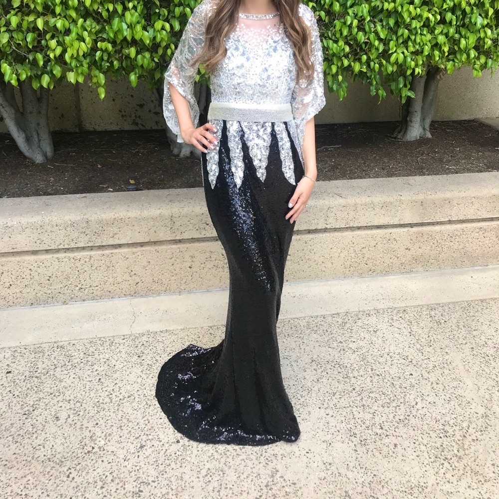 Sequin Black/White/Silver Gown with Sleeve Detail